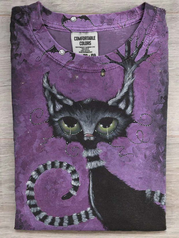 Halloween Black Cat Print Casual Short Sleeve T-Shirt