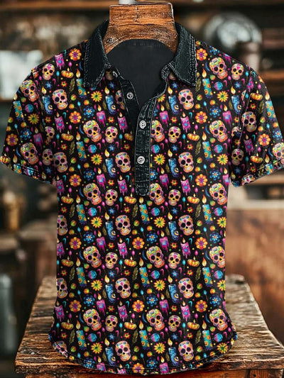 Halloween Skull Print Casual Short Sleeve Polo Shirt