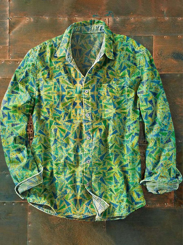 Vintage Irregular Geometric Print Casual Long Sleeve Shirt