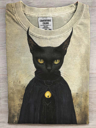 Halloween Black Cat Print Casual Short Sleeve T-Shirt
