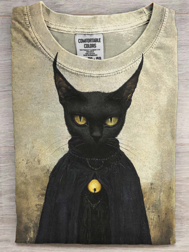 Halloween Black Cat Print Casual Short Sleeve T-Shirt