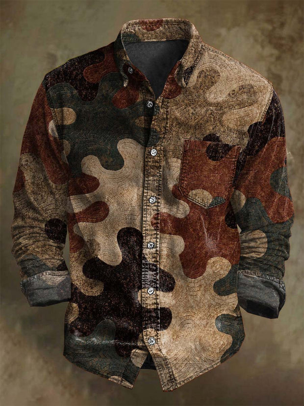 Vintage Color Clash Jigsaw Print Casual Long Sleeve Shirt