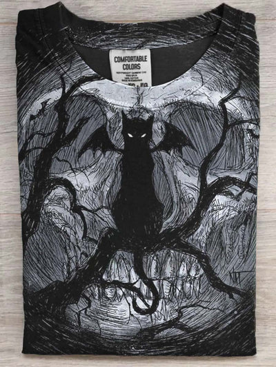 Halloween Black Cat Print Casual Short Sleeve T-Shirt