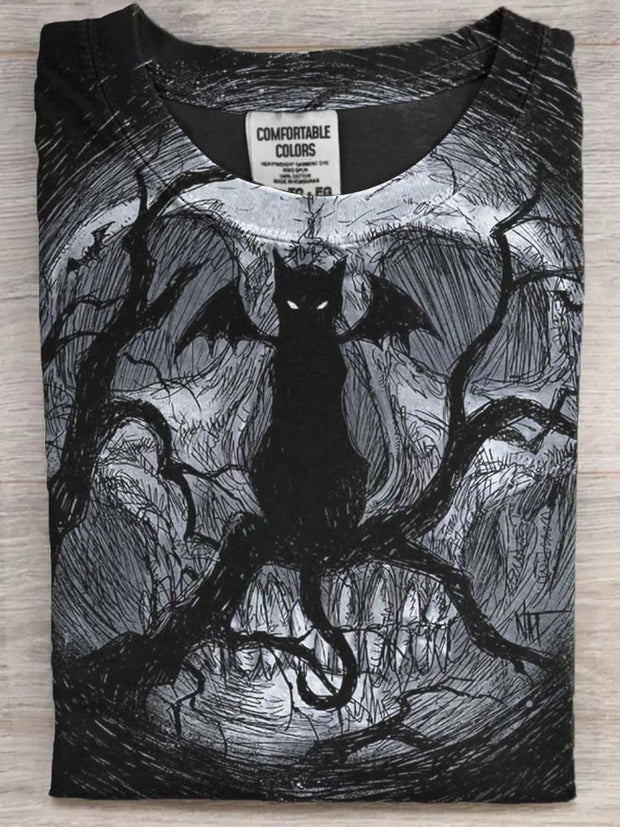 Halloween Black Cat Print Casual Short Sleeve T-Shirt