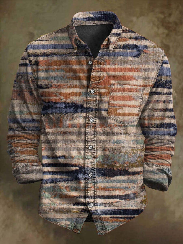 Vintage Color Clash Stripe Printed Casual Long Sleeve Shirt