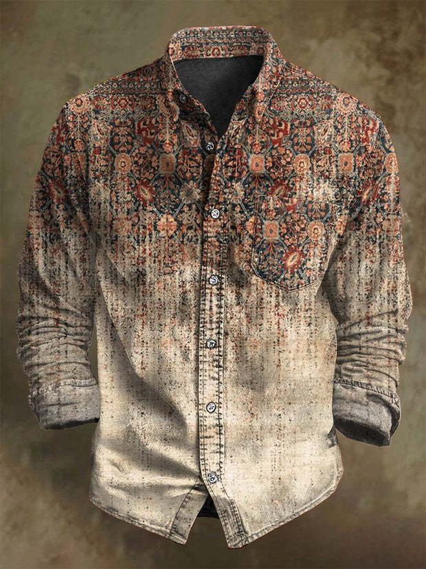 Vintage Gradient Floral Print Casual Long Sleeve Shirt