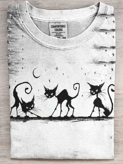Halloween Black Cat Print Casual Short Sleeve T-Shirt