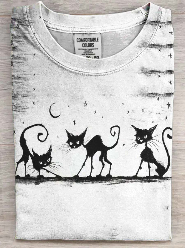 Halloween Black Cat Print Casual Short Sleeve T-Shirt