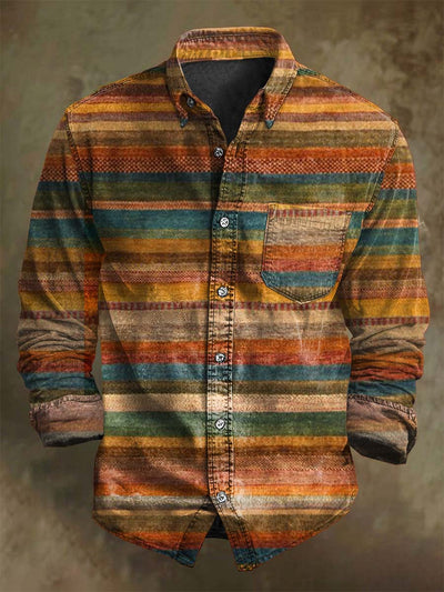 Vintage Color Clash Stripe Printed Casual Long Sleeve Shirt