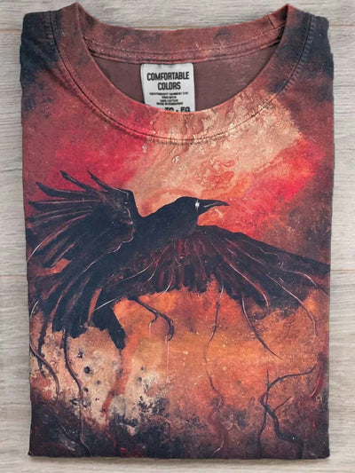 Halloween Dark Crow Print Casual Short Sleeve T-Shirt