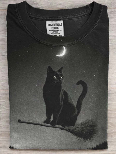 Halloween Black Cat Print Casual Short Sleeve T-Shirt