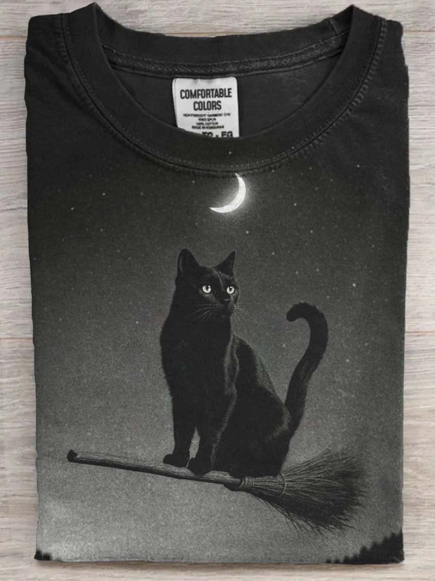 Halloween Black Cat Print Casual Short Sleeve T-Shirt