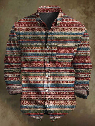 Vintage Color Clash Stripe Printed Casual Long Sleeve Shirt