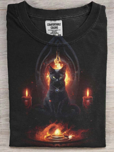 Halloween Black Cat Print Casual Short Sleeve T-Shirt
