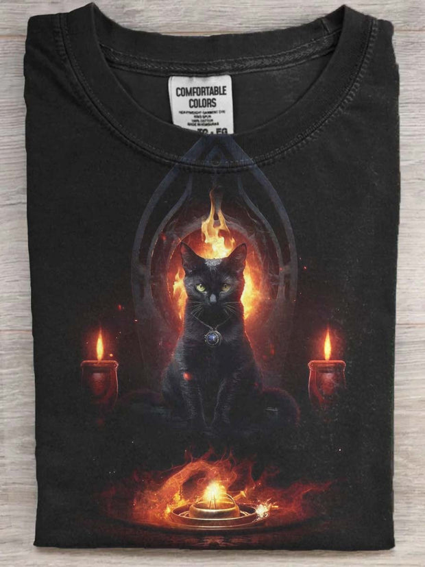 Halloween Black Cat Print Casual Short Sleeve T-Shirt
