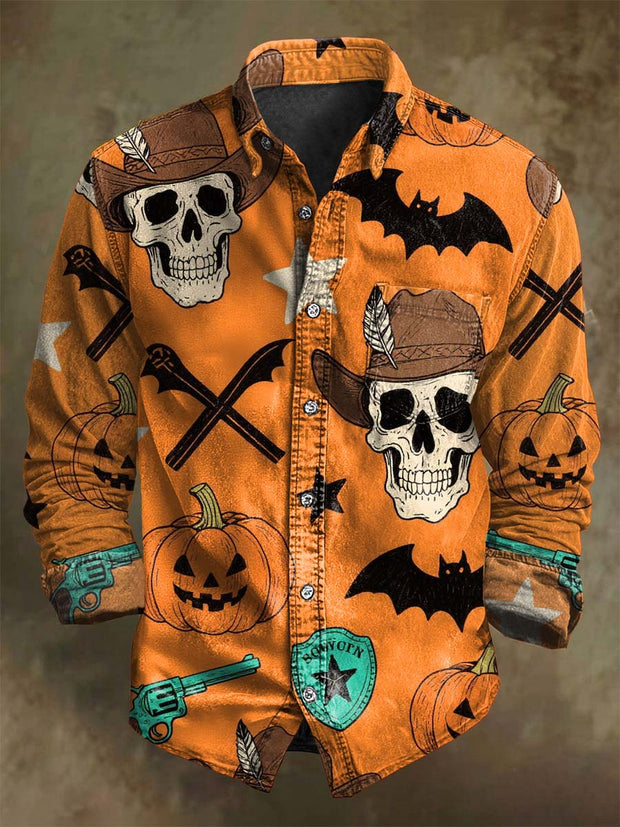 Halloween Western Skull Print Casual Long Sleeve Shirt