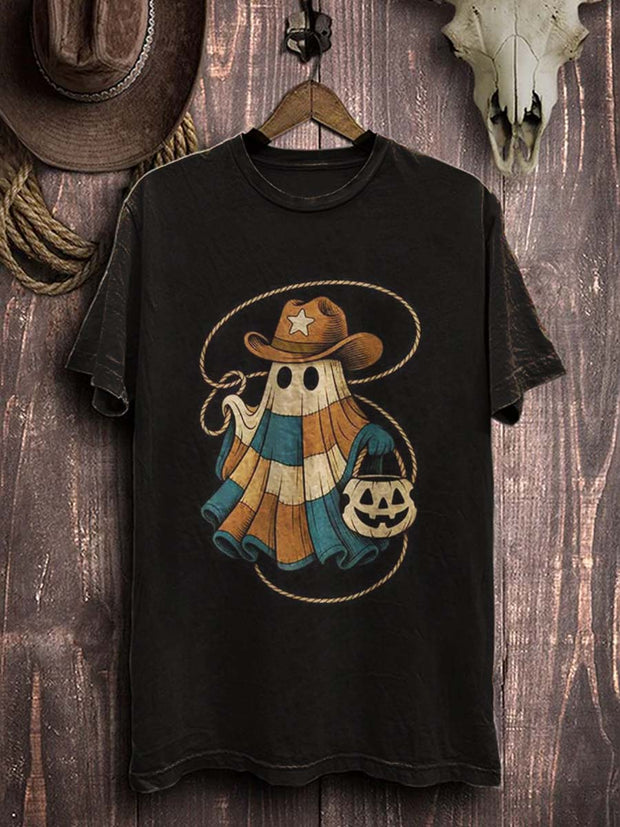 Halloween Western Ghost Print Casual Short Sleeve T-Shirt