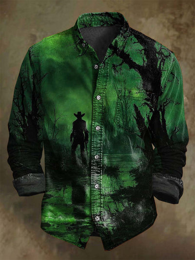 Halloween Midnight Western Cowboy Print Casual Long Sleeve Shirt