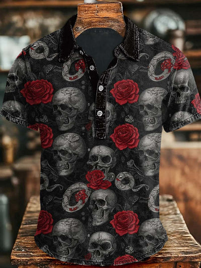 Halloween Rose Skull Print Casual Short Sleeve Polo Shirt