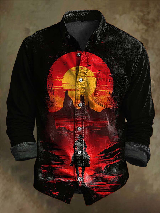 Halloween Midnight Western Cowboy Print Casual Long Sleeve Shirt