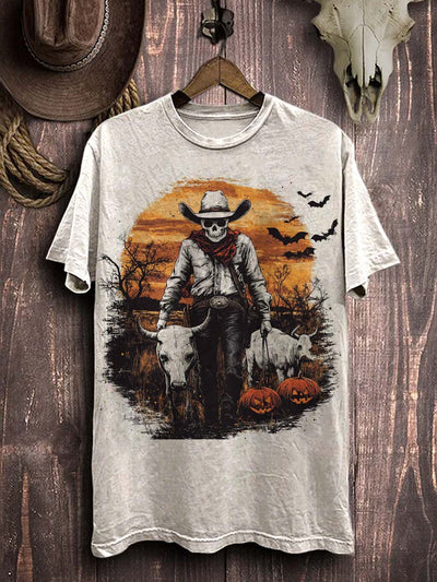 Halloween Western Skull Print Casual Short Sleeve T-Shirt