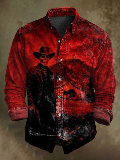 Halloween Western Cowboy Skull Print Casual Long Sleeve Shirt