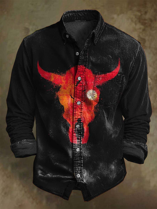 Halloween Western Cowhorn Print Casual Long Sleeve Shirt