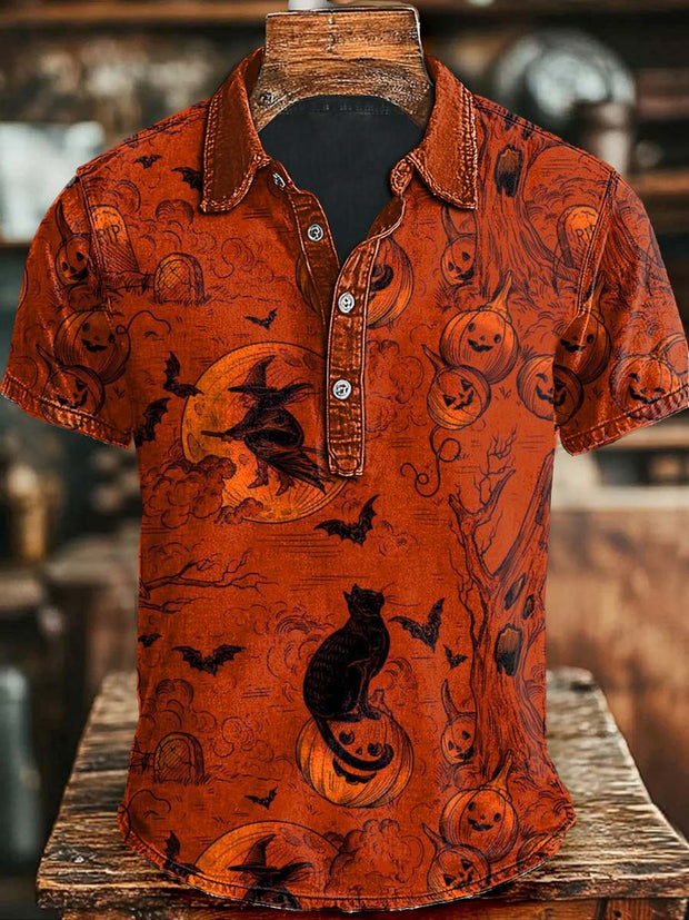 Halloween Witch Cat Print Casual Short Sleeve Polo Shirt
