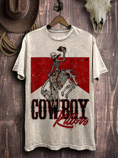 Halloween Western Skull Print Casual Short Sleeve T-Shirt