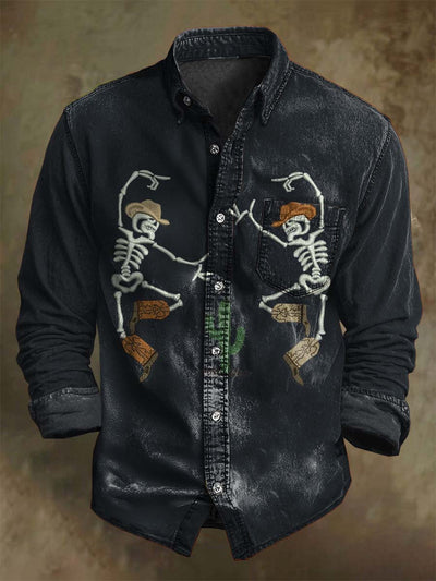 Halloween Western Cowboy Skull Print Casual Long Sleeve Shirt