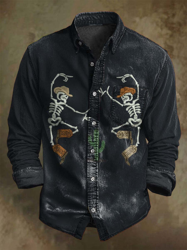 Halloween Western Cowboy Skull Print Casual Long Sleeve Shirt