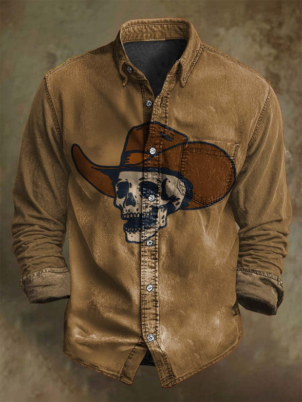 Halloween Western Skull Print Casual Long Sleeve Shirt