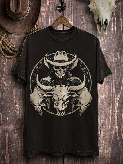 Halloween Western Skull Print Casual Short Sleeve T-Shirt