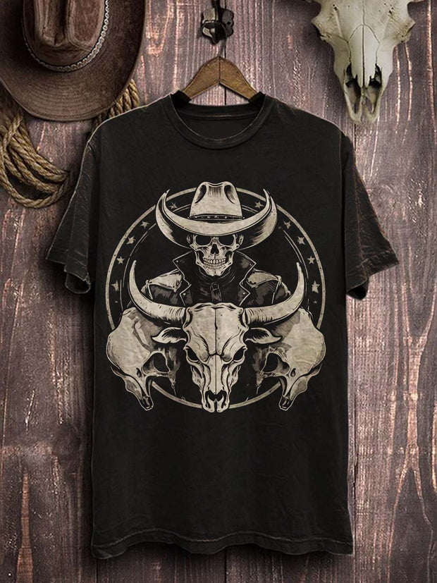 Halloween Western Skull Print Casual Short Sleeve T-Shirt