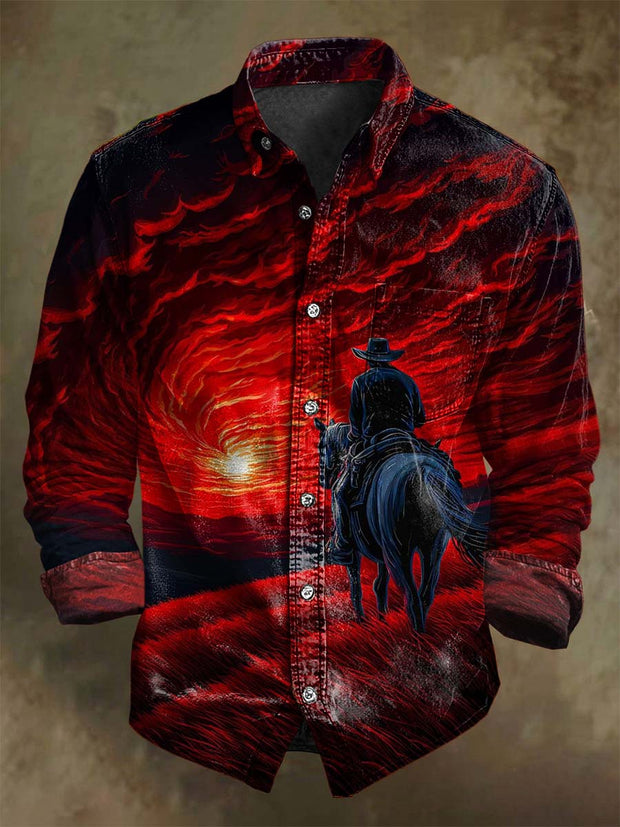 Halloween Western Cowboy Print Casual Long Sleeve Shirt