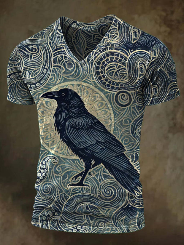Halloween Retro Raven Print Casual Short Sleeve T-Shirt