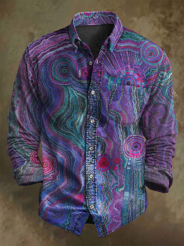 Vintage Abstract Stripe Print Casual Long Sleeve Shirt