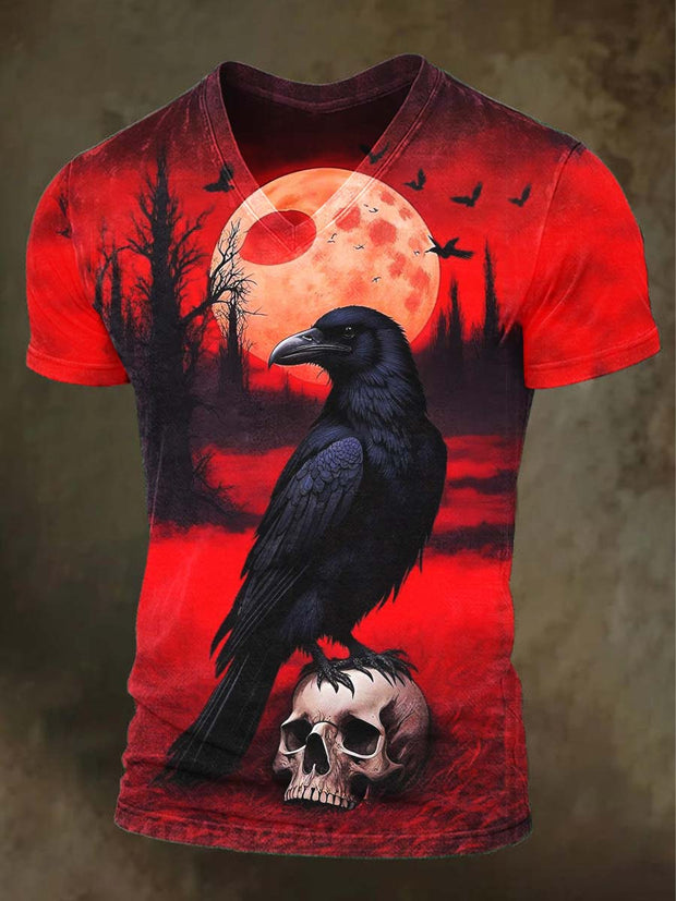 Halloween Dark Crow Print Casual Short Sleeve T-Shirt
