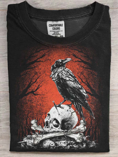 Halloween Dark Crow Print Casual Short Sleeve T-Shirt