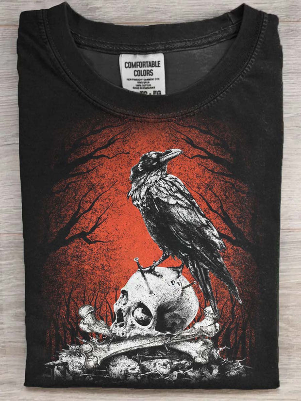 Halloween Dark Crow Print Casual Short Sleeve T-Shirt