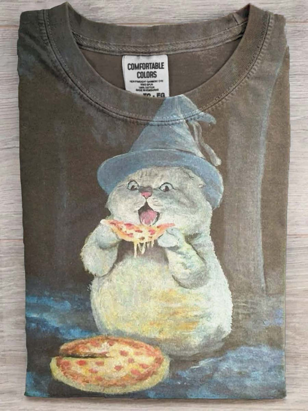 Halloween Cute Witch Cat Eating Pizza Print Casual Short Sleeve T-Shirt
