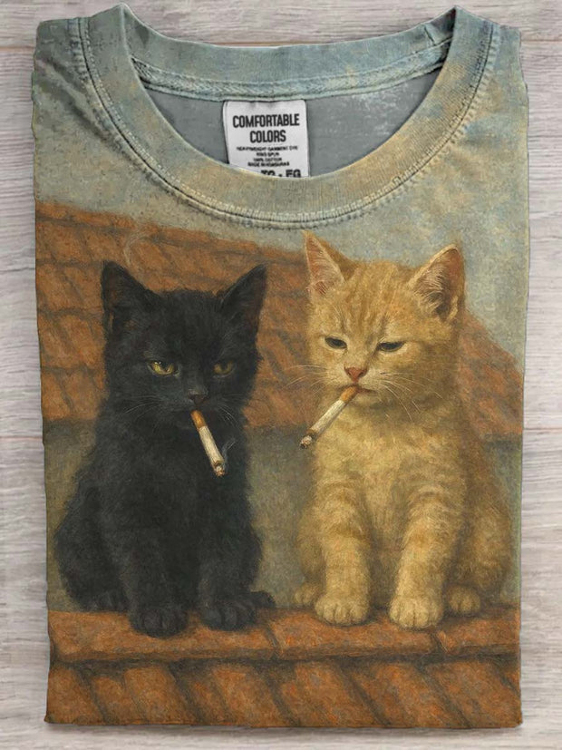 Fun Cat Smoking Print Casual Short Sleeve T-Shirt