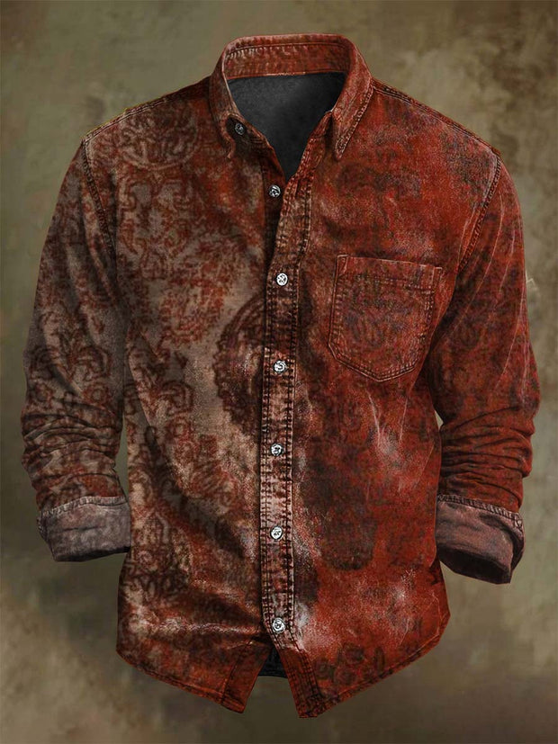 Vintage Paisley Floral Print Casual Long Sleeve Shirt