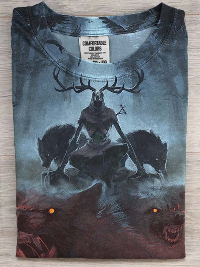 Halloween Antler Ghost Print Casual Short Sleeve T-Shirt