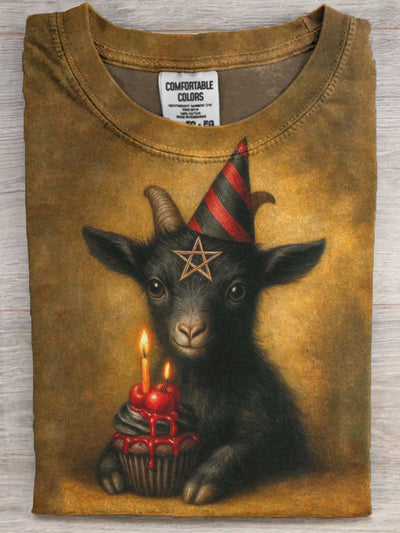 Satanic Little Goat Birthday Print Casual Short Sleeve T-Shirt