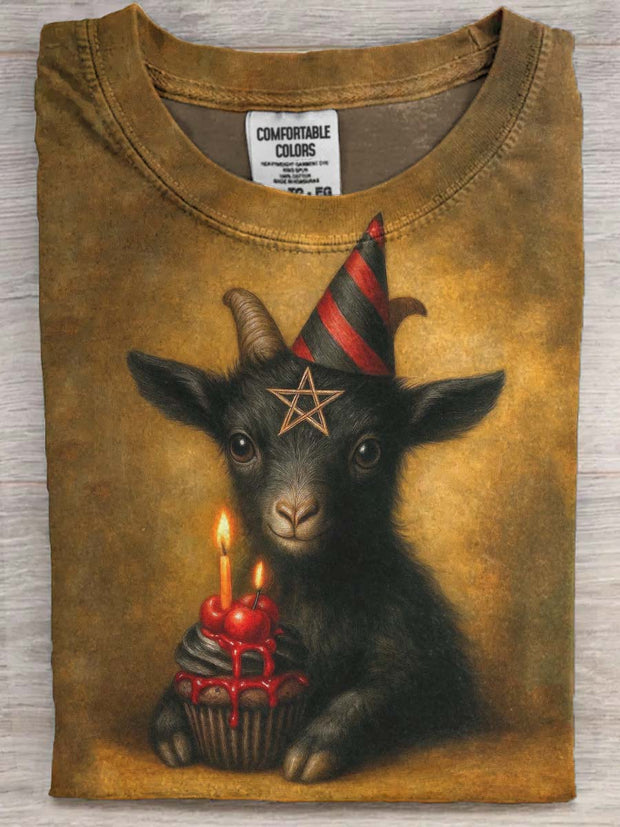 Satanic Little Goat Birthday Print Casual Short Sleeve T-Shirt