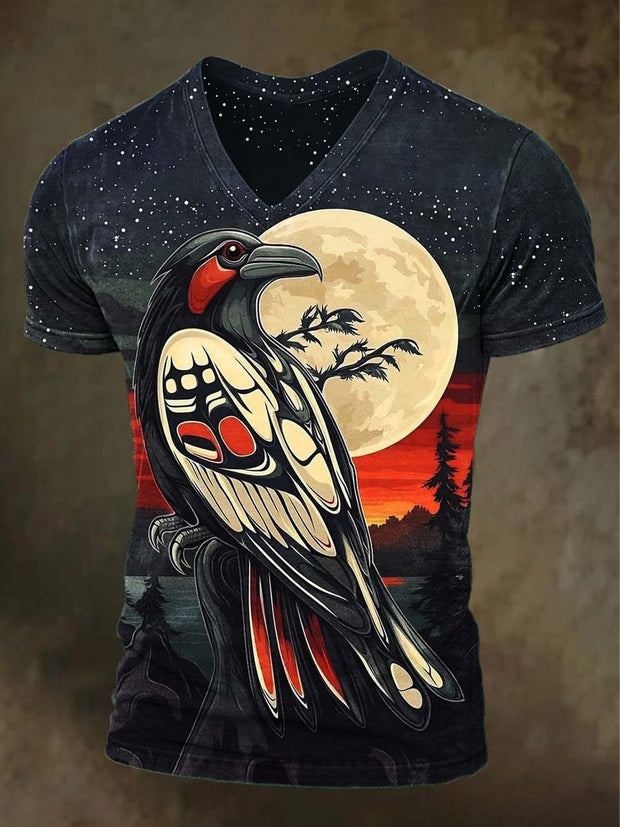 Halloween Retro Raven Print Casual Short Sleeve T-Shirt