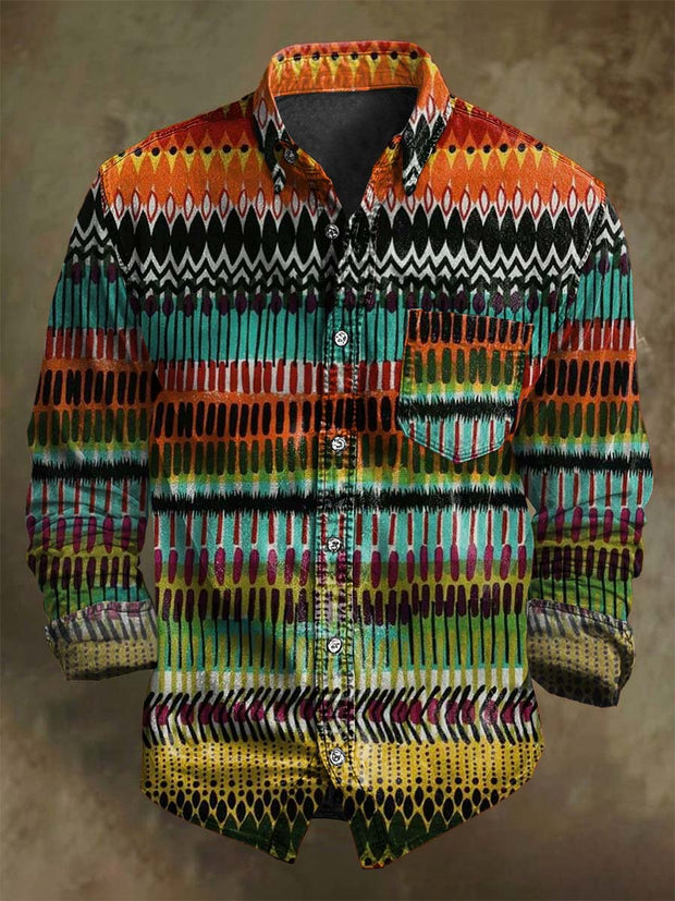 Vintage Color Clash Abstract Stripe Print Casual Long Sleeve Shirt