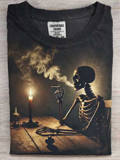 Halloween Skull Smoking Print Casual Short Sleeve T-Shirt