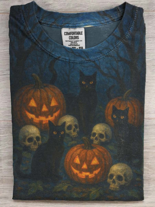 Halloween Black Cat Print Casual Short Sleeve T-Shirt